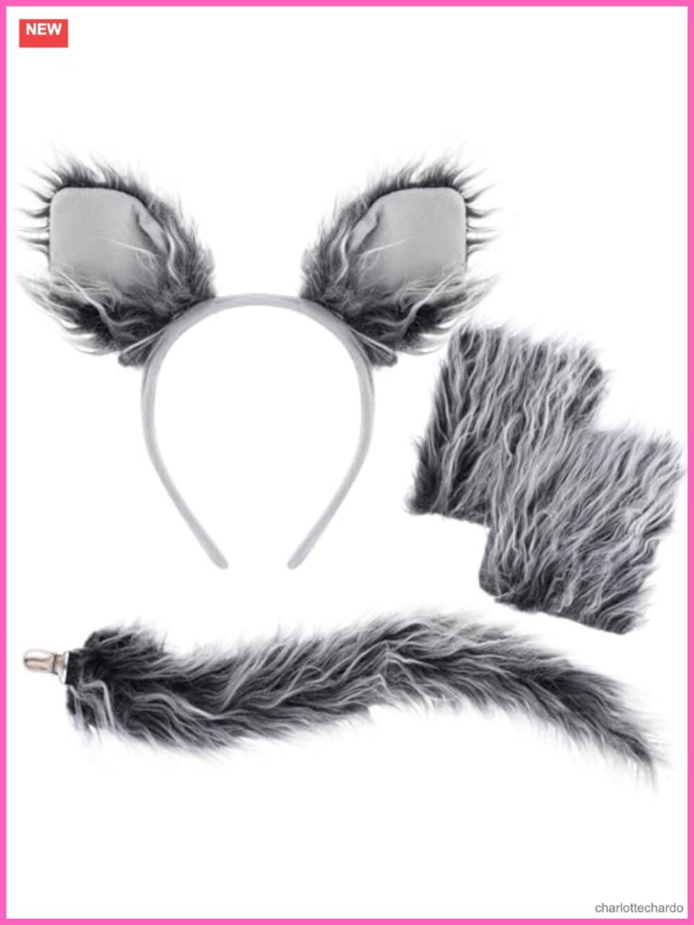 Wolf Costume Set Plush Ears Headband Tail Gloves Cosplay Halloween Fancy Dress